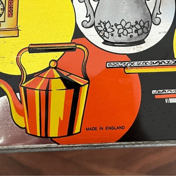 VINTAGE HB & S Biscuit Rectangular Tin Hinged Lid Antiques Motif Made England - Picture 8 of 13